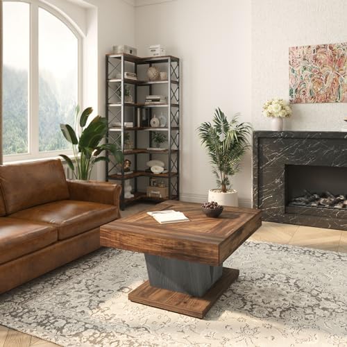 Tribesigns Square Coffee Table, Wood Center Table for Living Room, 31.5" Modern Cocktail Tea Accent Table, Rustic Brown & Black - Image 3