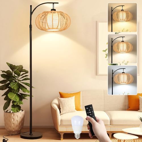 ZECOXOL Arc Floor Lamps for Living Room Bedroom Rattan Boho Floor Lamp with Remote Control,Dimmable Led Standing Lamp Wicker Lamp Shade Rustic Tall Floor Lamp Modern Flower Lamp for Bedroom Corner by ZECOXOL