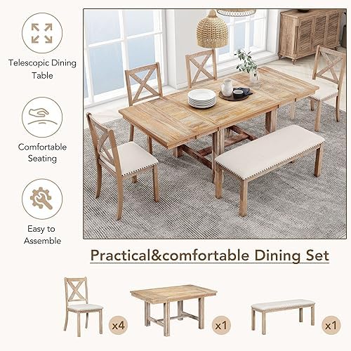 Farmhouse 6-Piece Extendable Dining Room Table Sets, Acacia Wood 82'' Dining Table with 2 Removable Leaf and Upholstered Dining Chairs& Bench, Soft Cushion with Rivet (Natural+Be) - Image 5