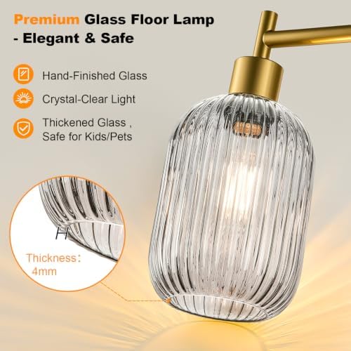 【Upgraded】 Dimmable Floor Lamp for Living Room with Gray Ribbed Glass Lampshade, Gold Modern Floor Lamp with 900LM LED Bulb Included, Arc Standing Tall Lamp for Bedroom, Office, Reading Room, Corner - Image 6