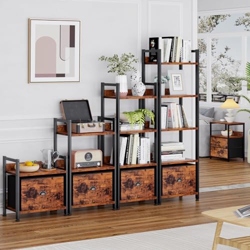 Furologee 5 Tier Bookshelf with Drawer, Tall Narrow Bookcase with Shelves, Wood and Metal Bookshelves Storage Organizer, Industrial Display Standing Shelf Unit for Bedroom, Living Room, Rustic Brown - Image 6