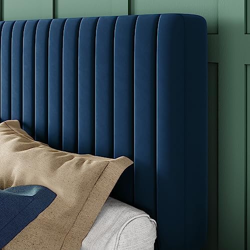 Allewie Queen Bed Frame, Velvet Upholstered Platform Bed with Adjustable Vertical Channel Tufted Headboard, Mattress Foundation with Strong Wooden Slats, Box Spring Optional, Easy Assembly, Navy Blue - Image 4
