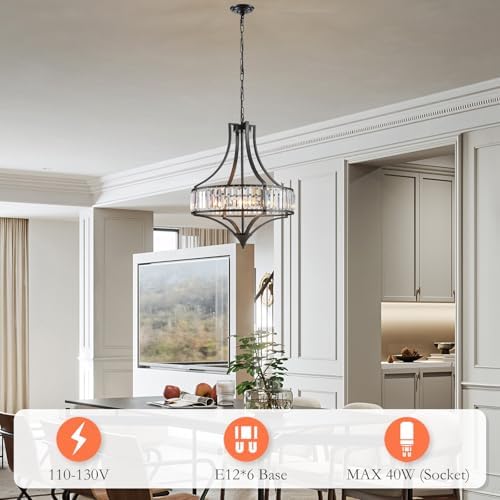 Crystal Chandeliers for Dining Room Rustic Farmhouse Chandelier with Round Metal Shade 6-Light Black Large Crystal Light Fixture for Kitchen Island Hallway Bedroom Home Office - Image 5