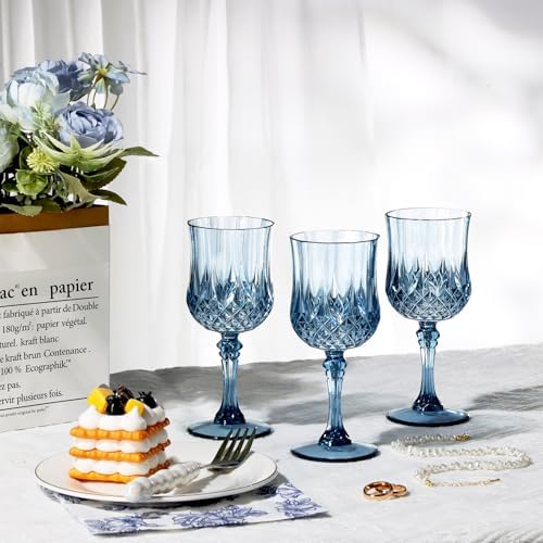 XUWAIDSGN 100Pcs Plastic Vintage Wine Glasses 7oz Reusable Embossed Goblet Glasses Pink Retro Wine Glassware Unbreakable Stemmed Champagne Water Cups for Wine Cocktail Juice Wedding (100, Blue) - Image 5