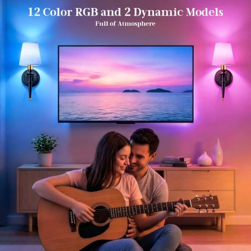 Battery Operated Wall Sconces Set of 2, Wireless Rechargeable Wall Lights with 12 RGB Colors and 3CCT Dimmable, Small Fabric LED Wall Lamps for Bedroom, Living Room, Hallway, Black Gold - Image 2