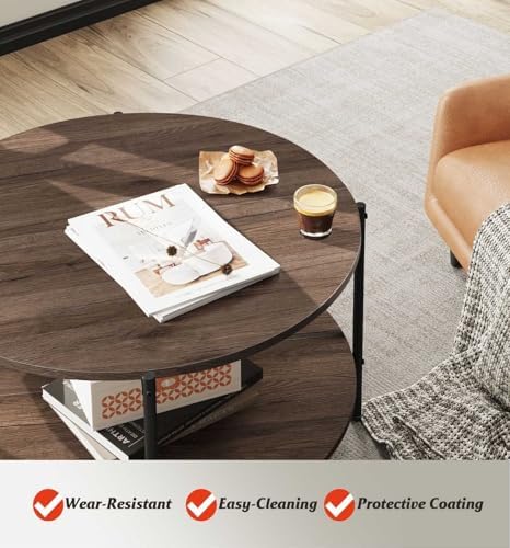 WLIVE Round Coffee Table for Living Room, 32.6" Small Coffee Table with Open Storage Shelf, 2-Tier Industrial Circle Wood Center Table for Bedroom, Home Office, Brown Walnut - Image 5