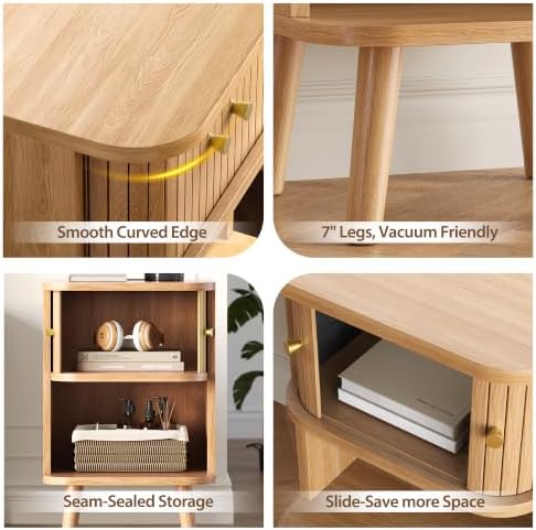 Decofy Fluted Nightstand with Charging Station & Sliding Door, Oak - Image 6