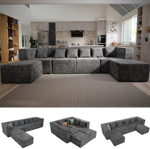 MONVANE Modular Sectional Cloud Couch for Living Room - 130'' 6 Seater Convertible Chenille Couches Set with Ottoman, No Assembly Compression Sofas, Comfy Floor Sofa with Memory Foam, Grey by MONVANE