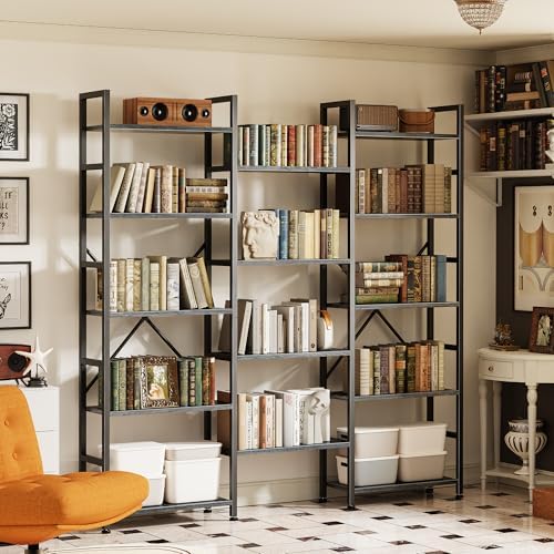 SUPERJARE Triple Bookshelf, Bookcase with 14 Open Display Shelves, Wide Book Shelf Book Case for Home & Office, 5 Tier, Grey - Image 6