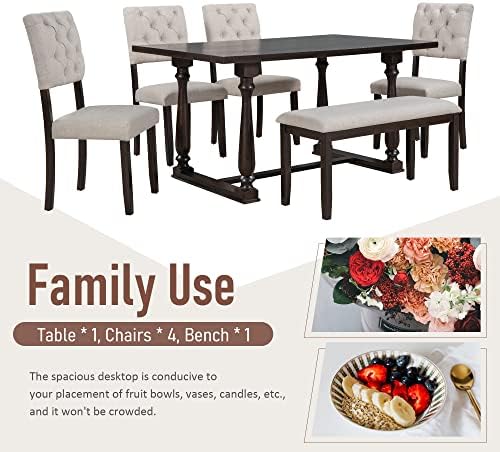 Retro 6-Piece Kitchen Dining Table Set with Comfortable Upholstery Chairs and Bench, Solid Wood Dining Table with Special-Shaped Legs, Suitable for Family Use (Espresso-Comfort) - Image 7