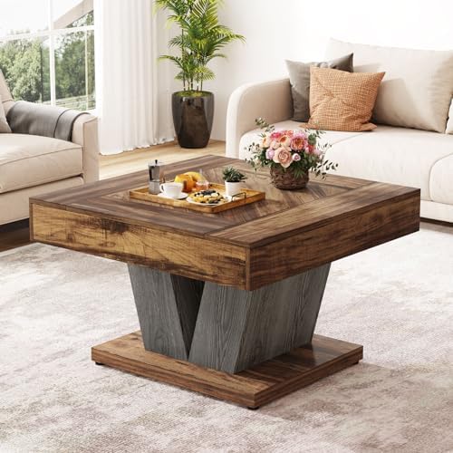 Tribesigns Square Coffee Table, Wood Center Table for Living Room, 31.5" Modern Cocktail Tea Accent Table, Rustic Brown & Black by Tribesigns