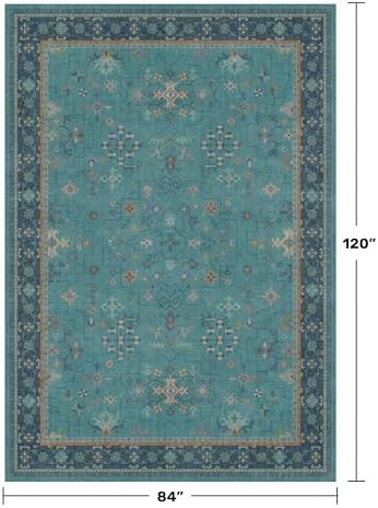 Teal 7x10 Large Rug for Living Room, Washable Soft Area Rugs for Bedroom Under Bed, Dining Room, Floral Pattern Vintage Turquoise Décor Indoor, Non Slip Low Pile & Soft Carpet - Image 2