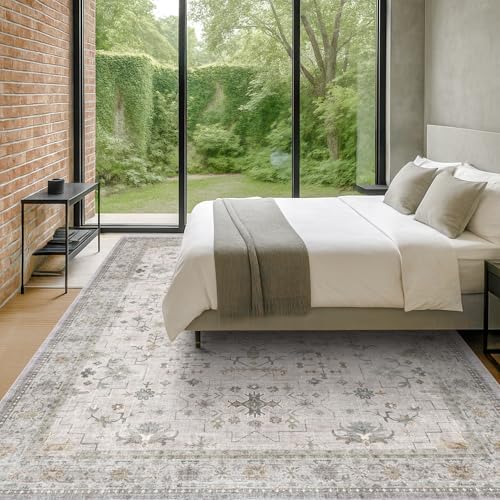 Large 10x12 Living Room Rug - Vintage Light Gray & Sage Floral Area Rug for Dining Room, Washable Low Pile Bedroom Carpet, Modern Eclectic Geometric Decor & Stain Resistance - Image 3