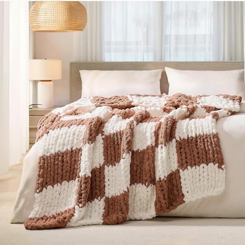 L'AGRATY Chunky Knit Throw Blanket for Couch 60 x 80 Inches Brown Checkered by LAGRATY
