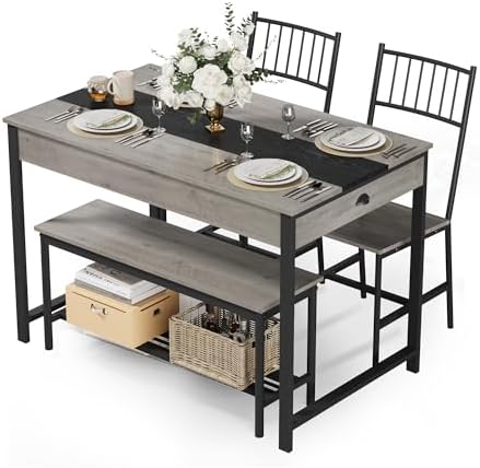 GarveeHome Dining Table Set for 4,Kitchen Table with Bench & 2 Chairs, Grey - Image 7