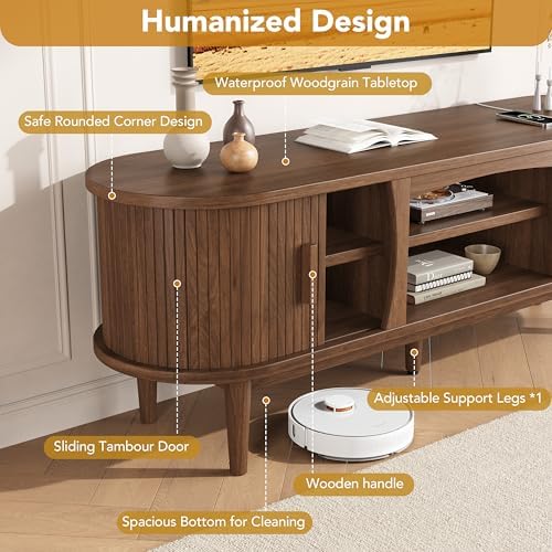 Decofy 63" Fluted TV Stand for TVs Up to 70" with Charging Station, Walnut - Image 5