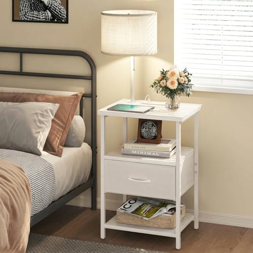 Fixwal Bedside Table with 3 Color Temperatures Bulb Attached, Nightstand with Charging Station and Lights, End Table with Fabric Drawer for Bedroom & Dorm (White) - Image 2