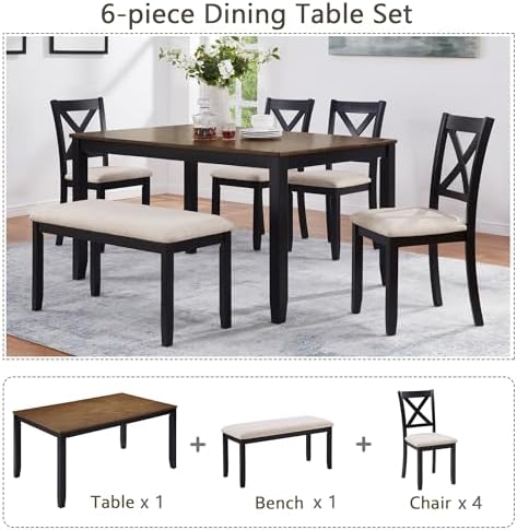 Harper & Bright Designs Dining Table Set for 6 with Bench, 6-Piece Farmhouse Kitchen Set in Black & Oak Two-Tone, Solid Wood Frame Table & 4 Chairs for Dining Room - Image 7