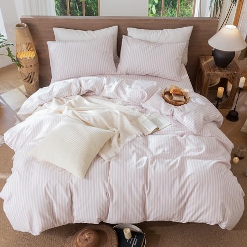 MooMee Striped Duvet Cover Set 100% Washed Cotton Linen Like Twin - Image 5