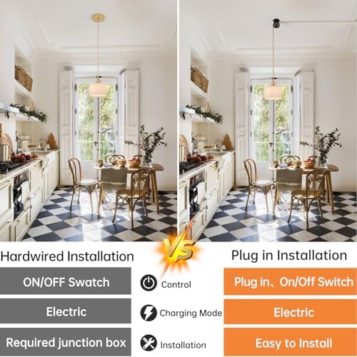 Shenmoyl Plug in Pendant Light Hanging Light Fixture Corded On/Off Switch Brass Pendant Light with White Striped Glass Lampshade for Bedroom Living Room Kitchen Island - Image 6