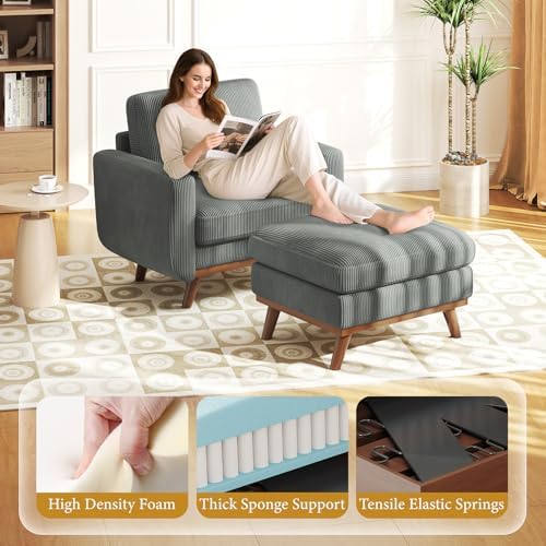 Vesgantti 38.5" Accent Chair with Movable Ottoman, Comfy Corduroy Armchair with Spring Cushion, Reading Chair with Ottoman, Modern Single Sofa for Living Room, Bedroom and Apartment, Dark Gray - Image 4