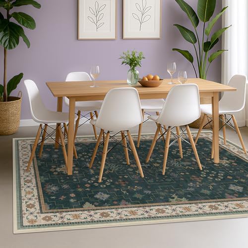 Hazo Haus Dark Green Oushak 5x8 Living Room Rug - Modern Vintage Boho Eclectic Floral Pastel, Washable Low Pile Non-Slip Large Area Rugs for Nursery Dining Under Table Bedroom Lounge - Image 4