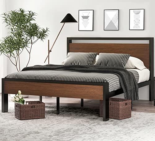 SHA CERLIN 14 Inch Queen Size Metal Platform Bed Frame with Wooden Headboard and Footboard, Mattress Foundation, No Box Spring Needed, Large Under Bed Storage, Non-Slip Without Noise, Walnut by SHACERLIN