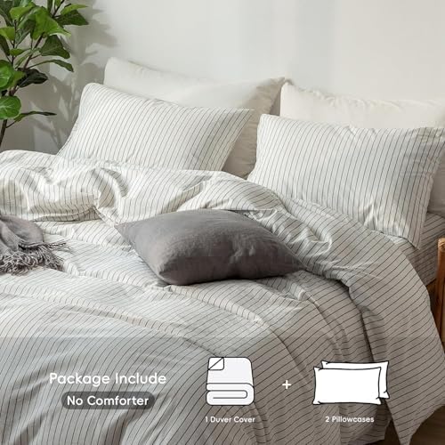 MooMee Striped Duvet Cover Set 100% Washed Cotton Linen Like Queen - Image 2