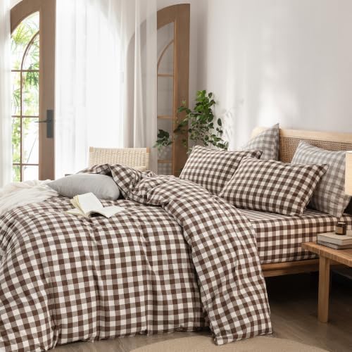 BESTOUCH Gingham Cotton Duvet Cover Set Cocoa Brown Full - Image 4