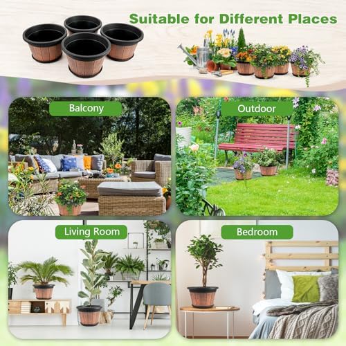 Quarut 4 Pack 10 inch Plant Pots,Whiskey Barrel Planters for Indoor Outdoor - Image 5