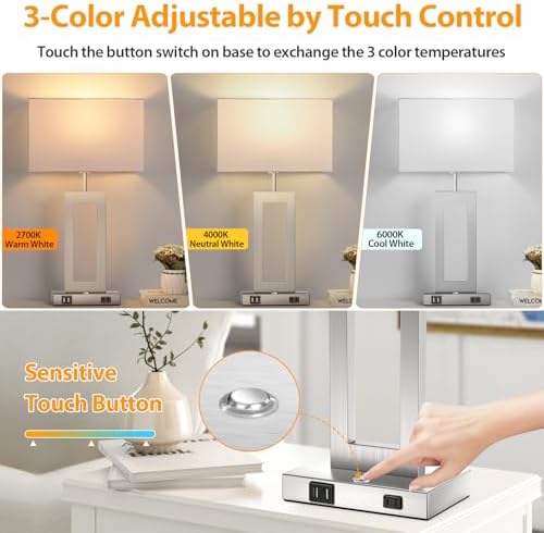 22’’ Touch Control Table Lamps Set of 2, 3 Color Temperatures Bedroom Bedside Lamps, Modern Silver Dimmable Lamps with USB Ports & AC Outlet, Tall Living Room Lamps for Nightstand End Table, 2 Bulbs - Image 2
