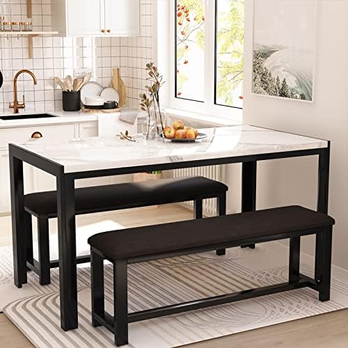 Dining Room Table Set with 2 Benches, Dining Table Set for 4-6, Dinner Table Set for 4, Faux Marble Breakfast Table Set & PU Leather Upholstered Benches for Small Spaces, Apartment, White by LinkRomat