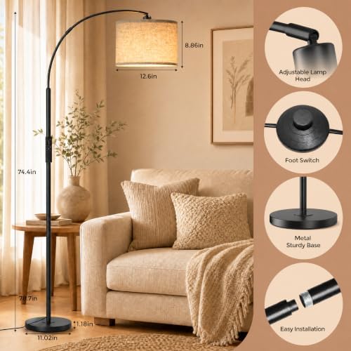 Arc Floor Lamps with Remote Control and Stepless Dimmable Color Temperature and Brightness Standing Lamp with Adjustable Beige Hanging Shade Pole Lamp for Bedroom Office, 9W Bulb Included, Black - Image 5