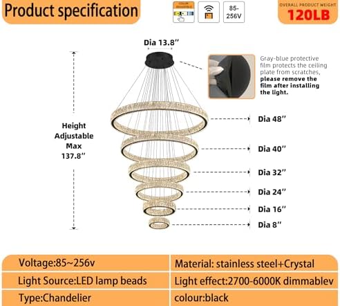 Extra Large 6 Ring Crystal Chandelier Modern LED Long Crystal Chandelier for High Ceiling Height Adjustable Black D8+15.7"+23.6"+31.5"+39.4"+47.5" Dimmable 2700K-6000K - Image 3
