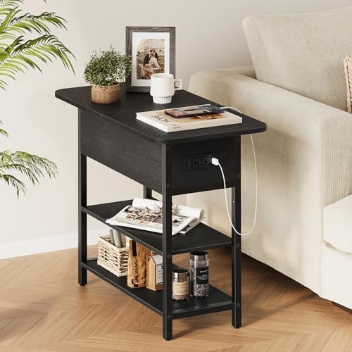 Yoobure End Table with Charging Station, Flip Top Side Table with USB Ports and Outlets, Sofa Couch Table Bedside Table for Living Room Bedroom, Narrow Nightstand with Storage Shelves for Small Space - Image 5