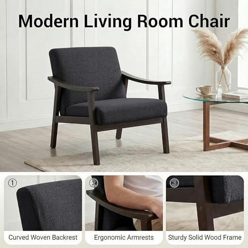 Accent Chair, Mid Century Modern Armchair, Solid Wood Arm Chair, Upholstered Comfy Reading Chair for Living Room, Bedroom, Waiting Room, Dark Gery - Image 5