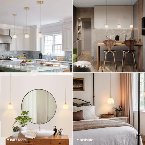 Shenmoyl Pendant Light with White Tulip Glass Lmapshade, Brass Vintage Pendant Light Adjustable Hanging Light for Kitchen Island Dining Room Hallway - Image 2