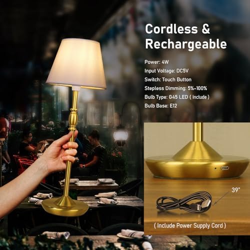 Cordless Table Lamp Portable Small LED Touch Lamp with Dimmer, 18" 2700K Rechargeable Battery Light for Bedside, Dining Room, Bedroom Lamp, Patio, Bar, Night Light, Bathroom (Antique Brass) - Image 5