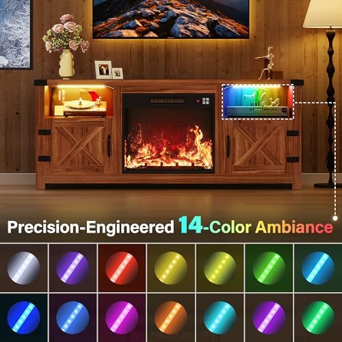YESHOMY 58 Inch LED Fireplace TV Stand for TVs up to 65 Inch, Walnut - Image 4