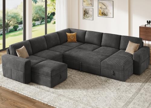 HONBAY Modular Sectional Sleeper Sofa with Pull Out Bed Oversized Corduroy L Shaped Sofa Bed with Storage Couches for Living Room,Dark Grey by HONBAY