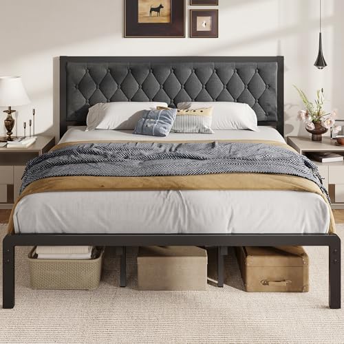 Fluest King Bed Frame with Headboard Linen Upholstered Bed Frame Platform,All Metal Slats Support Platform Bed Frame with Storage Space,Easy Assembly,Noise Free,No Box Spring Needed,Grey by Fluest