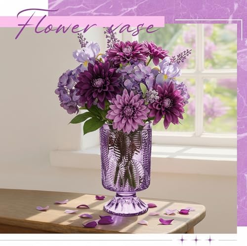 6 Pcs (H:7"W:4") Embossed Flower Vase Pedestal Glass Vase, Purple - Image 5