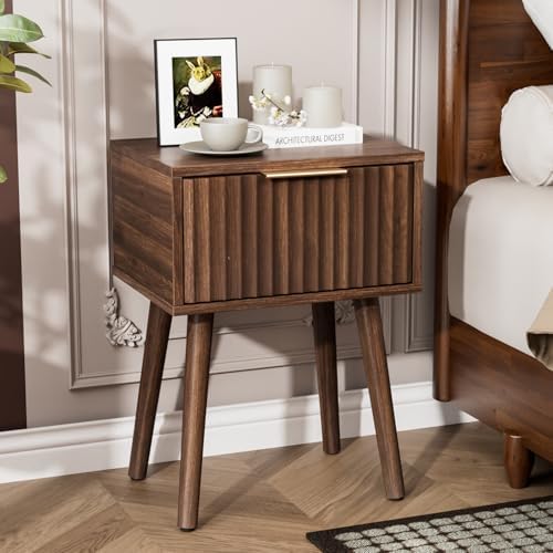 VINGLI Night Stand, Fluted Nightstand Wood, Mid Century Modern Nightstand for Bedroom, Bedside Table, Wood Side Table, Small Night Stand Walnut, 15.75" W*11.81" D*21.85" H - Image 7