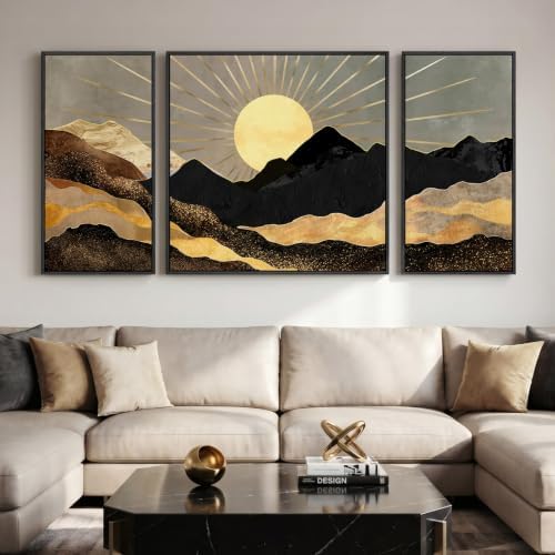 Extra Large Framed Black Gold Boho Wall Art for Living Room, 3 Piece Set by Cuspin