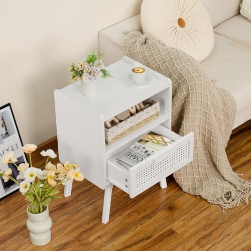 Lerliuo Rattan Nightstand, Side Table with Drawer Open Shelf - Image 4