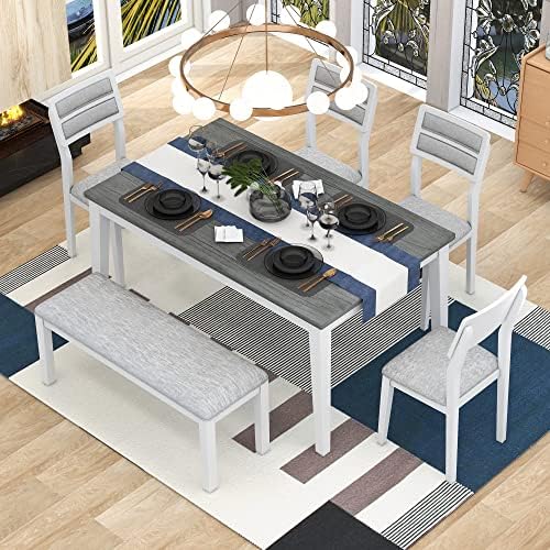 Classic Dining Table Set with Upholstered Chairs and Bench for 4-6, White - Image 2