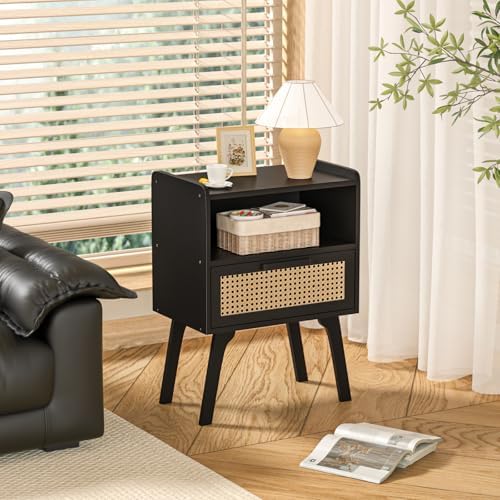 Lerliuo Rattan Nightstand, Bedside Table with Drawer Open Shelf - Image 6