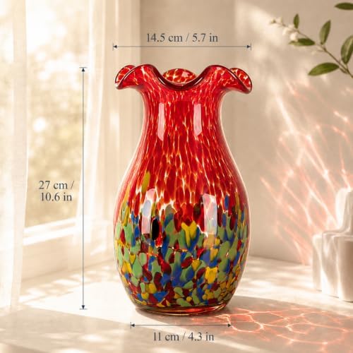 10.6in Hand Blown Blue Glass Vase – Wide Mouth Murano Bubble Art Glass Vase, Cobalt Blue Flower Vase for Coastal, Vintage, Colorful Home Decor, Vase Gift for Mom or Display (Red) - Image 3