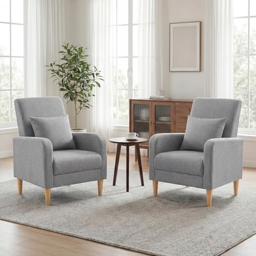 COLAMY Mid-Century Modern Accent Chairs Set of 2, Fabric Upholstered Living Room Chairs with Back Pillow & Solid Wood Legs, Comfy Armchair for Living Room, Bedroom, Single Sofa, Grey by COLAMYHOME