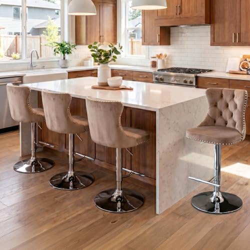SoarFlash Velvet Bar Stool Set of 4, Adjustable Swivel Bar Stools with Silver Plated Metal Leg, Button Tufted, Footrest, Chrome Nailhead, Counter Height Chair for Kitchen, Bar, Dining Room (Khaki) - Image 3